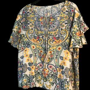 Rafaella Paisley short sleeve tee with tassels and tiered flutter sleeves